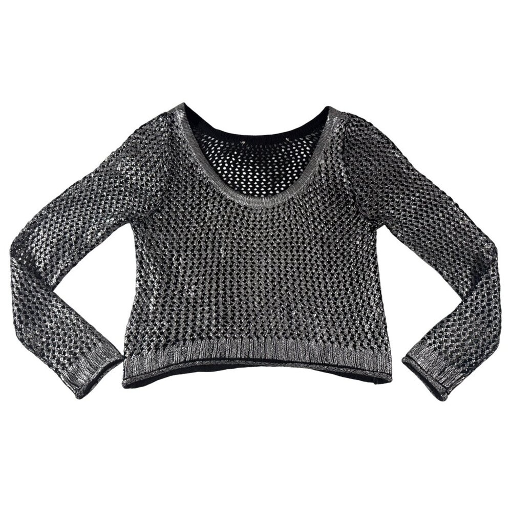 Vintage Rampage Metallic Silver Black Open Knit Sweater Y2K Shimmer Goth SM Crop